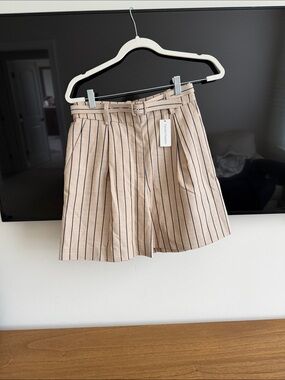Favorite Daughter Beige Shorts with Navy Pinstripes